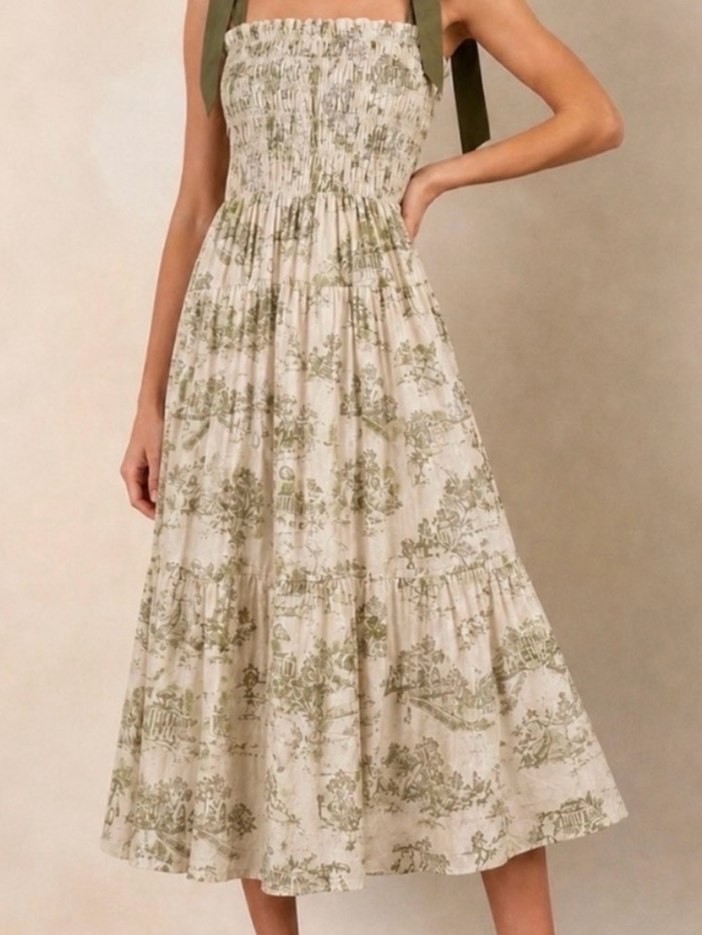 En Saison Cream Green French Toile Smocked Tiered tulle tie strap Midi Dress - S
